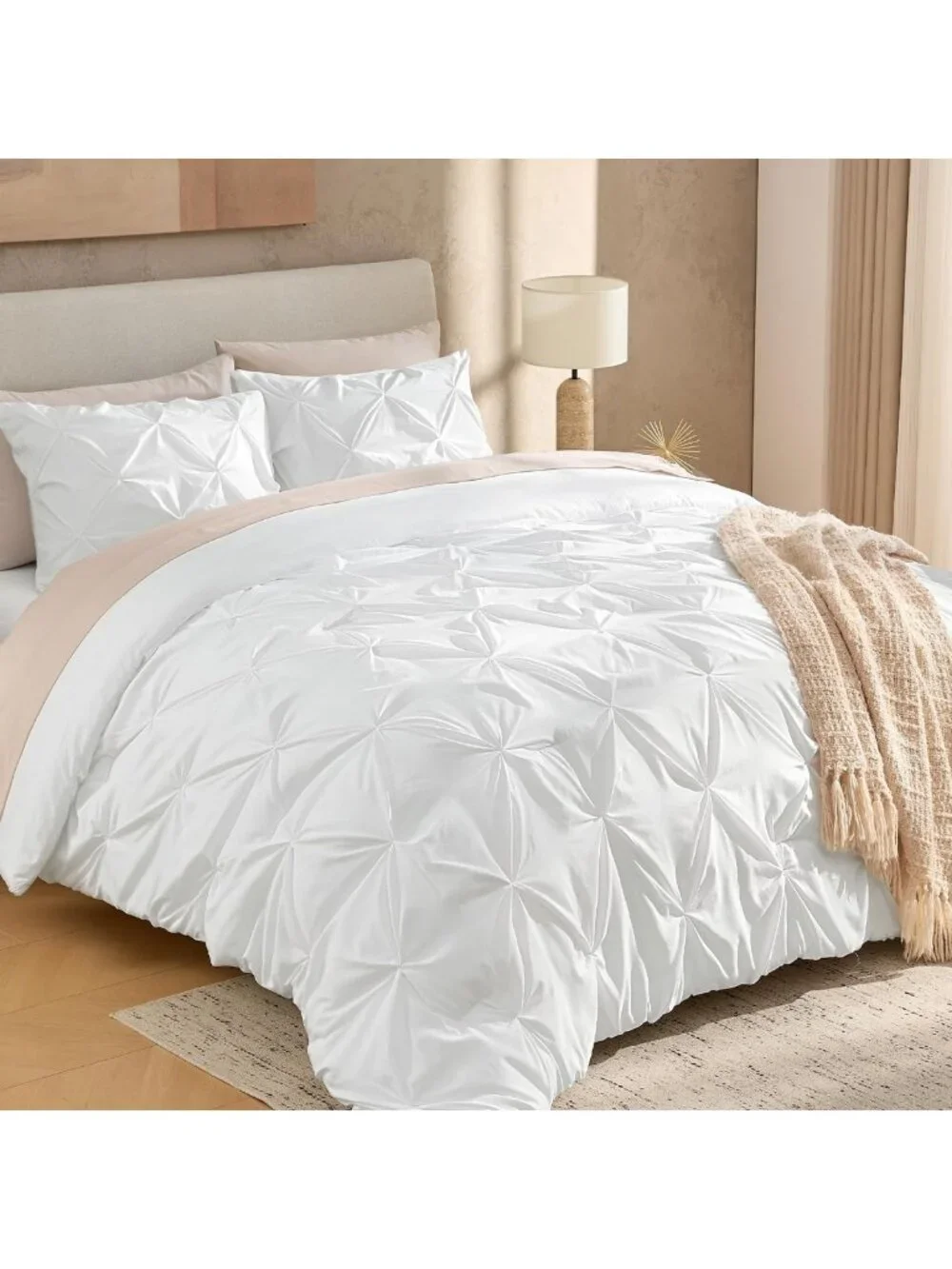 Luxurious Queen White Pinch Pleat Comforter Set - 3 Piece Bedding Ensemble